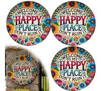 Welcome to My Happy Place - Metal Wall Sign, Rustic Round Door Decor Sign, Creative Wall Patio Signs for Outside, 2d Unique Design Iron Hanging Poster for Indoor Outdoor Decorations(#A*3)