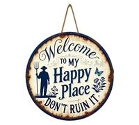 Welcome to My Happy Place Sign, Divertida Decoración Vintage Decoración de Pared de Metal Redonda, Puerta de Casa Rústica, Letrero de Bienvenida para Arte Frontal,Decoración de Granja, Cocina, Arte de