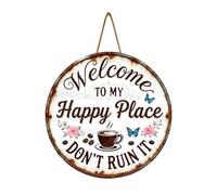 Welcome to My Happy Place Sign, Divertida Decoración Vintage Decoración de Pared de Metal Redonda, Puerta de Casa Rústica, Letrero de Bienvenida para Arte Frontal,Decoración de Granja, Cocina, Arte de