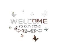 Welcome to Our Home Pegatinas de pared de espejo acrílico Letras con mariposa y vid, pegatinas de pared de espejo extraíbles, murales de arte para sala de estar, puerta, decoración de porche (plata)