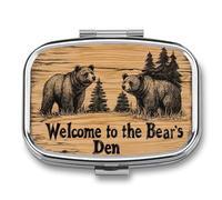 Welcome to The Bear's Den - Pastillero de madera portátil con 2 compartimentos, organizador de pastillas de viaje para bolso de bolsillo