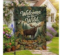 Welcome To The Wild Moose Woodland - Bandera de jardín rústica de 12 x 18 | Paisaje del bosque, bandera de patio, pinos, tema de bosque, arte de vida silvestre, decoración rústica al aire libre