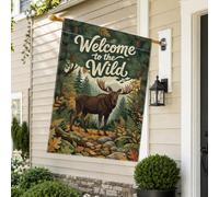 Welcome To The Wild Moose Woodland - Bandera rústica para casa, 71 x 101 cm | Paisaje del bosque, bandera de patio, pinos, tema de bosque, arte de vida silvestre, decoración rústica al aire libre