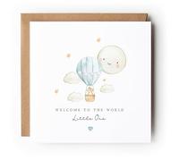 Welcome to the World Little One - Tarjeta de felicitación para bebé, diseño de globo aerostático azul, con sobre de papel kraft