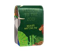 Welcome To the Zoo Elephant Lion Peacock Giraffe - Estuche portátil para pintalabios para viajes, mini caja de almacenamiento de lápiz labial con espejo para mujeres y mujeres, bolsa de cosméticos de cuero, Varios colores, 9.5x2x7 cm/3.7x0.8x2.7 in