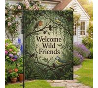 Welcome Wild Friends Woodland Bird - Bandera de jardín con cita de pájaros | Pájaros cantores, bandera de patio, follaje del bosque, tema del bosque, estética natural, saludo de bienvenida