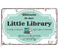 Welcomeigns para puerta delantera, exterior, amante de los libros, bienvenido a nuestra pequeña biblioteca, toma un libro, metal, decoración de habitación, arte estético, letrero de estaño, regalo