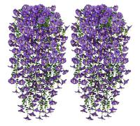 Weldomcor 2 flores artificiales colgantes largas artificiales de gloria de la mañana, flores moradas resistentes a los rayos UV, plantas colgantes artificiales, cesta de glicinia artificial para