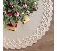 Weldomcor Falda Arbol de Navidad, 122cm Falda para Decoración Rústica Navideña con Diseño de Onda Tejida Blanco Punto Cubre pie Arbol de Navidad para Decoración Navideña Hogar Fiesta Casa