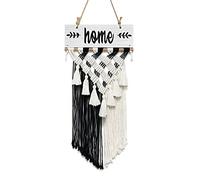 Weldomcor Tapiz de pared de macramé con placa de letra, boho blanco y negro hecho a mano, borla tejida a mano, decoración bohemia del hogar para dormitorio, salón, decoración de pared (blanco)