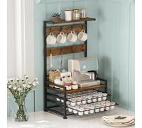 Welfuturer Soporte para cápsulas de café de 3 niveles con cajón para 56 cápsulas, 8 ganchos para tazas, jarabe y especias, estante para cocina, cafetería, oficina, encimera, marrón