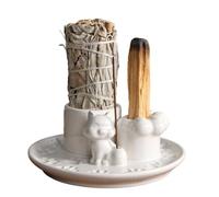 Welhammsae Quemador de Incienso 4 en 1, Palo Santo Holder de Cerámica Hecho a Mano para Madera Sagrada, Salvia y Incienso en Cono, Cenicero de 15cm para Yoga, Meditación, Purificación Energética