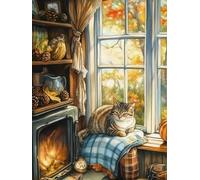 WELIWE Juego de pintura de diamantes 5D para adultos DIY kit de imitación de cristal decoración de la Pared del hogar Gatito junto a la chimenea 40x50 cm