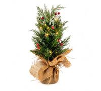 Well Home Árbol de Navidad Original 40 cm Decorado con Luces LED 23x40 cm, Mini Árbol Nevado con Bolas Rojas y Base de Yute con Temporizador