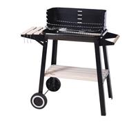 Well home barbacoa de carbón rectangular con estantes de madera fsc con parrilla cromada 45x24 cm - barbacoa de jardín con cortavientos y ruedas 69 cm