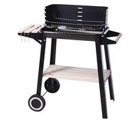 Well Home Barbacoa de Carbón Rectangular con Estantes de Madera FSC con Parrilla Cromada 45x24 cm - Barbacoa de Jardín con Cortavientos y Ruedas