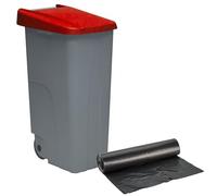 WELL HOME - Contenedor Cerrado 110L Rojo H.88cm + Rollo 10 bolsas de basura 120L