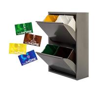 WELL HOME - Cubo de basura y reciclaje Metálico de 4 compartimentos + 4 etiquetas magnéticas, 4x17L (68L) Gris brillo