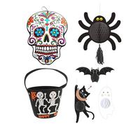 Well Home Decoración de Halloween: 4 Figuras Colgantes + Calavera Decoracion Pared + Bolsa de Caramelos