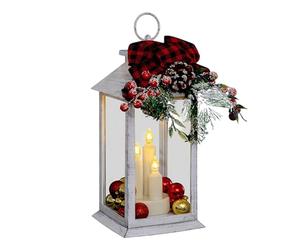 Well Home - Farolillo Decorativo Navideño con Luz LED cálida - Imitación velas en diseño blanco con Lazo y ramitas H.29cm