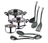 Well Home Juego de Batería de cocina de 5Pc en acero inoxidable + 6 Utensilios básicos de cocina en PBT negro