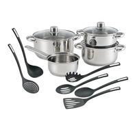 Well Home Juego de Batería de cocina de 7Pc en acero inoxidable + 6 Utensilios básicos de cocina en PBT negro