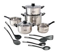 Well Home Juego de Batería de cocina de 8Pc en acero inoxidable + 6 Utensilios básicos de cocina en PBT negro