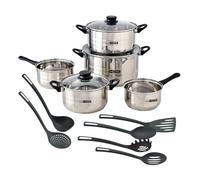 Well Home Juego de Batería de cocina de 8Pc en acero inoxidable + 6 Utensilios básicos de cocina en PBT negro