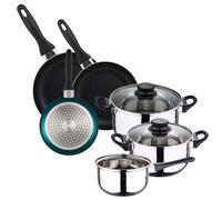 WELL HOME MOBILIARIO & DECORACIÓN Batería de cocina 5pc acero inoxidable + Set 3 sartenes 16/20/24 aluminio prensado, azul metalizado