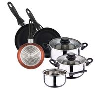 WELL HOME MOBILIARIO & DECORACIÓN Batería de cocina 5pc acero inoxidable + Set 3 sartenes 16/20/24 aluminio prensado, cobre metalizado