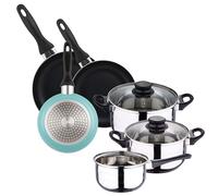 WELL HOME MOBILIARIO & DECORACIÓN Batería de cocina 5pc acero inoxidable + Set 3 sartenes 16/20/24 aluminio prensado, azul celeste