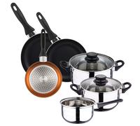 WELL HOME MOBILIARIO & DECORACIÓN Batería de cocina 5pc acero inoxidable + Set 3 sartenes 16/20/24 aluminio prensado, bronce metalizado