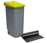 WELL HOME MOBILIARIO & DECORACIÓN Contenedor Cerrado 110L Amarillo H.88cm + Rollo 10 bolsas de basura 120L