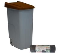 WELL HOME - Contenedor Cerrado 85L Marrón H.76cm + Rollo 10 bolsas de basura 100L