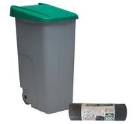 WELL HOME - Contenedor Cerrado 85L Verde H.76cm + Rollo 10 bolsas de basura 100L