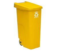 Contenedor - cubo de basura Wellhome Reciclo 110L, color amarilllo cerrado con tapa, ideal para reciclaje de PLÁSTICOS, con ruedas