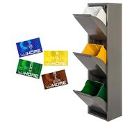 WELL HOME - Cubo de basura y reciclaje Metálico de 3 compartimentos + 4 etiquetas magnéticas, 3x17L (51L) Gris brillo