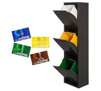 WELL HOME MOBILIARIO & DECORACIÓN Cubo de basura y reciclaje Metálico de 3 compartimentos + 4 etiquetas magnéticas, 3x17L (51L) Negro mate