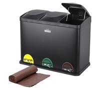 WELL HOME - Cubo de reciclaje Negro 45L 3 compartimentos + Rollo de 20 bolsas basura autocierre de 20L