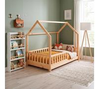 WELL HOME MOBILIARIO & DECORACIÓN Habitación Infantil: Cama Infantil Modelo cabaña lacada en Color Natural 90x190cm + Librería de pie 4 baldas + Lámpara de pie 135cms