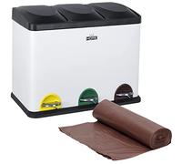 WELL HOME MOBILIARIO & DECORACIÓN Pack Cubo de reciclaje 45 L. de 3 compartimentos CON rollo 20 bolsas de basura 20 L., reciclaje de basura / cubos de reciclaje, Papel, Vidrio y Plástico, plateado