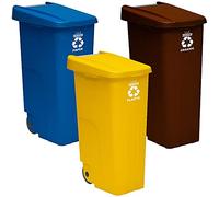 WELL HOME MOBILIARIO & DECORACIÓN Pack reciclaje Contenedor Reciclo 110 litros cerrado c/u: 330 litros totales, en 3 contenedores, en colores azul/amarillo/marrón