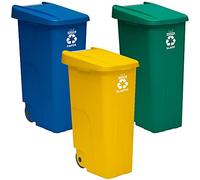 WELL HOME MOBILIARIO & DECORACIÓN Pack reciclaje Contenedor Reciclo 110 litros cerrado c/u: 330 litros totales, en 3 contenedores, en colores azul/verde/amarillo