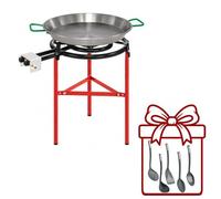 WELL HOME MOBILIARIO & DECORACIÓN Paellero Completo Marjal con Quemador de Gas Ø40 cm 2 Fuegos y 3 Patas: Paellera de Acero Pulido, Soporte y 5 Utensilios de Regalo - Paellera Ø40 cm, 9 Raciones