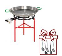 WELL HOME MOBILIARIO & DECORACIÓN Paellero Completo Marjal con Quemador de Gas Ø40 cm 2 Fuegos y 3 Patas: Paellera de Acero Pulido, Soporte y 5 Utensilios de Regalo - Paellera Ø50 cm, 13 Raciones