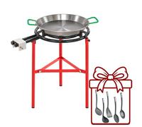 WELL HOME MOBILIARIO & DECORACIÓN Paellero Completo Marjal con Quemador de Gas Ø50 cm 2 Fuegos y 3 Patas: Paellera de Acero Pulido, Soporte y 5 Utensilios de Regalo - Paellera Ø50 cm, 13 Raciones