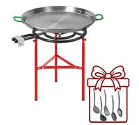 WELL HOME MOBILIARIO & DECORACIÓN Paellero Completo Marjal con Quemador de Gas Ø50 cm 2 Fuegos y 3 Patas: Paellera de Acero Pulido, Soporte y 5 Utensilios de Regalo - Paellera Ø65 cm, 25 Raciones