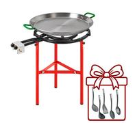 WELL HOME MOBILIARIO & DECORACIÓN Paellero Completo Marjal con Quemador de Gas Ø50 cm 2 Fuegos y 3 Patas: Paellera de Acero Pulido, Soporte y 5 Utensilios de Regalo - Paellera Ø55 cm, 16 Raciones