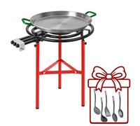 WELL HOME MOBILIARIO & DECORACIÓN Paellero Completo Marjal con Quemador de Gas Ø60 cm 3 Fuegos y 3 Patas: Paellera de Acero Pulido, Soporte y 5 Utensilios de Regalo - Paellera Ø55 cm, 16 Raciones