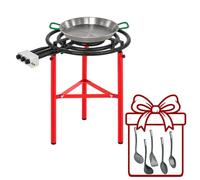WELL HOME MOBILIARIO & DECORACIÓN Paellero Completo Marjal con Quemador de Gas Ø60 cm 3 Fuegos y 3 Patas: Paellera de Acero Pulido, Soporte y 5 Utensilios de Regalo - Paellera Ø40 cm, 9 Raciones